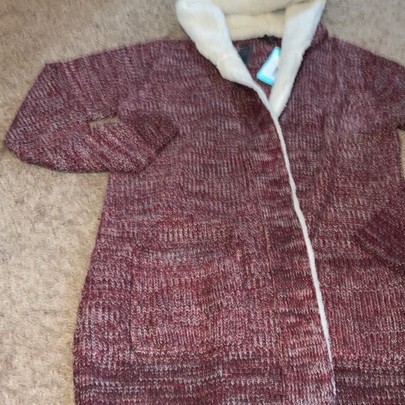 Kimberly Sherpa Super Soft Lined Hooded Cardigan Burgundy- Size Large. - Picture 6 of 6